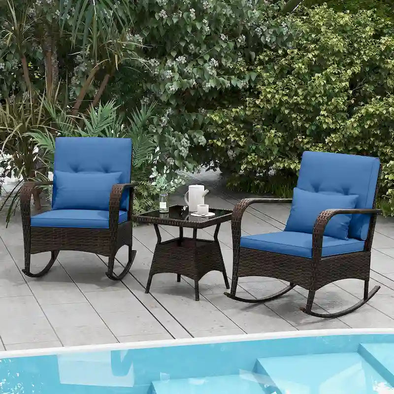 Gymax 3 Piece Outdoor Rocking Set Rattan Rocker Chairs w/ Tempered