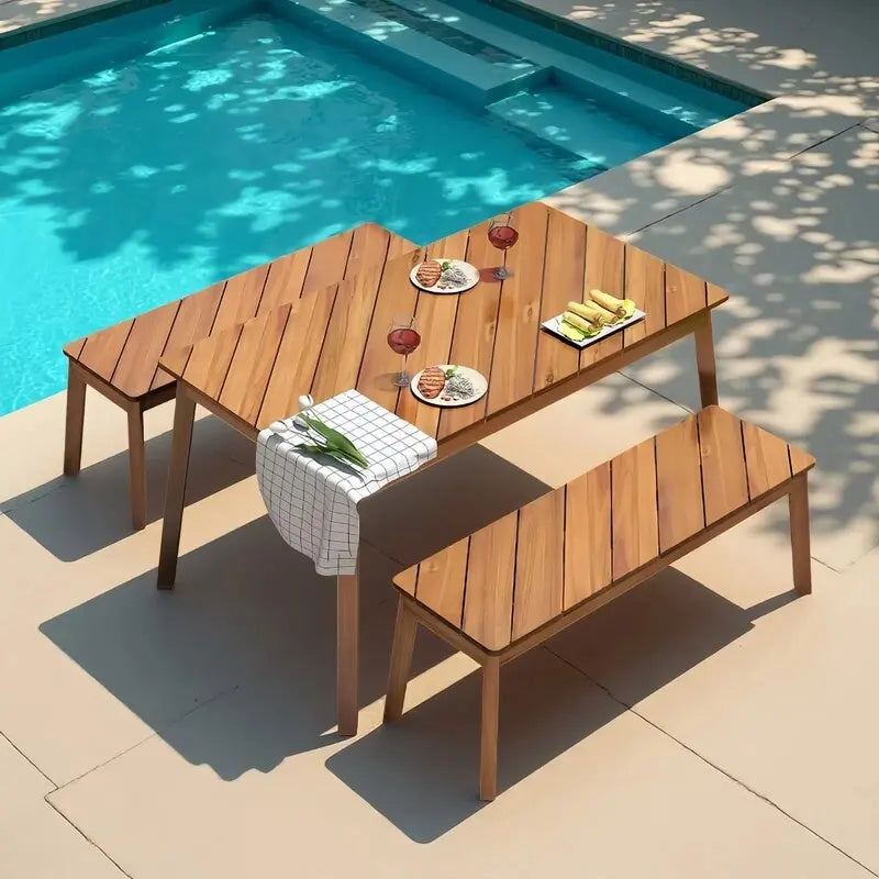 3 Pieces Patio Dining Set, Outdoor Acacia Table and 2 Benches, Dining Set Picnic Beer Table for 4-6, Picnic Set