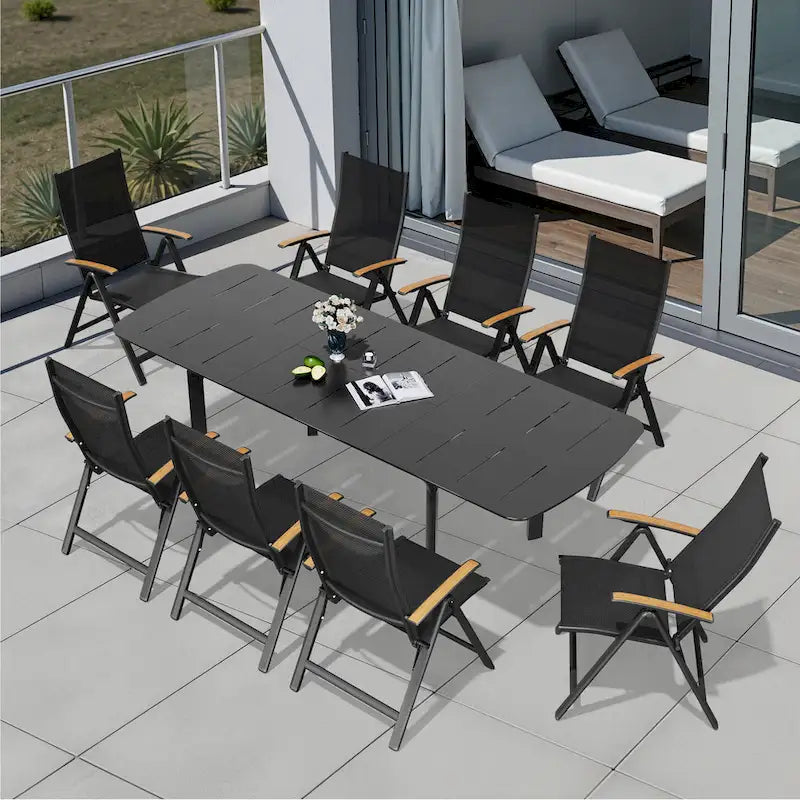 9PC Outdoor Aluminum Expandable Patio Dining Table Extension Table with Floding Chair