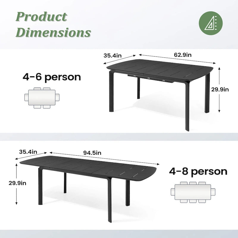 9PC Outdoor Aluminum Expandable Patio Dining Table Extension Table with Floding Chair
