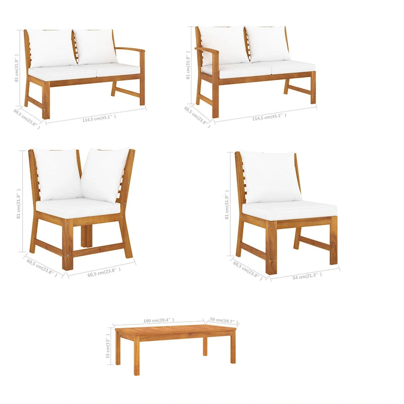 Roma 5pc Modular Outdoor Sofa and Table Set, Solid Acacia Wood, White