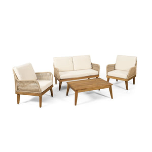 Oud 4pc Outdoor Sofa Set, Woven Rope Design, Natural Brown Acacia Wood