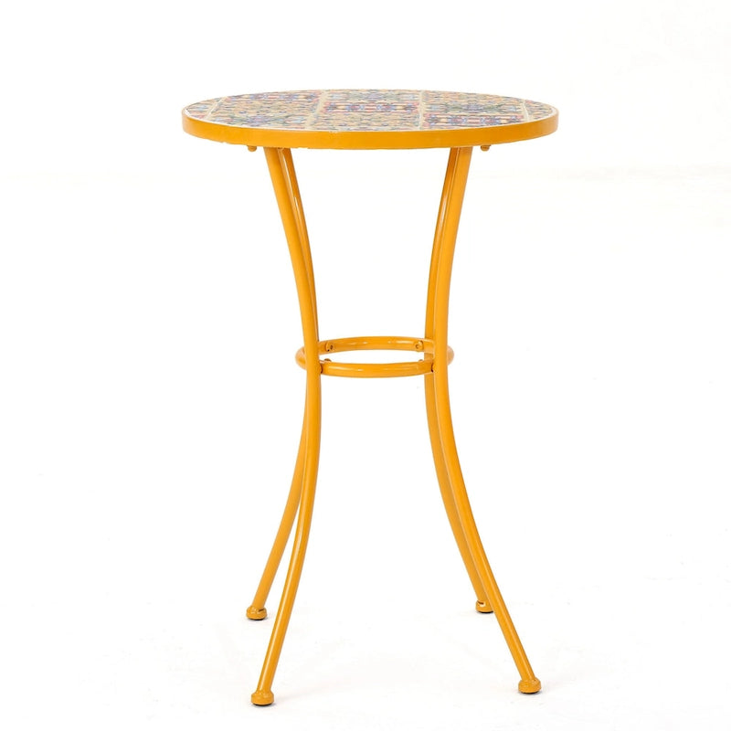 Outdoor Side End Table, 14 Inch Round Yellow Ceramic Tile, Orange Iron