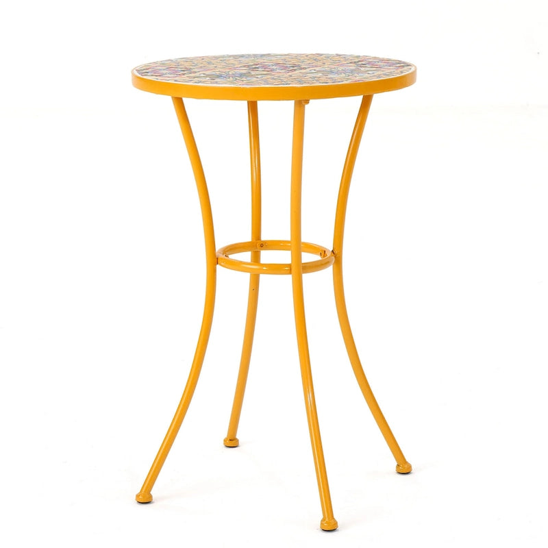 Outdoor Side End Table, 14 Inch Round Yellow Ceramic Tile, Orange Iron
