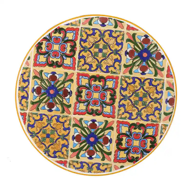 Outdoor Side End Table, 14 Inch Round Yellow Ceramic Tile, Orange Iron