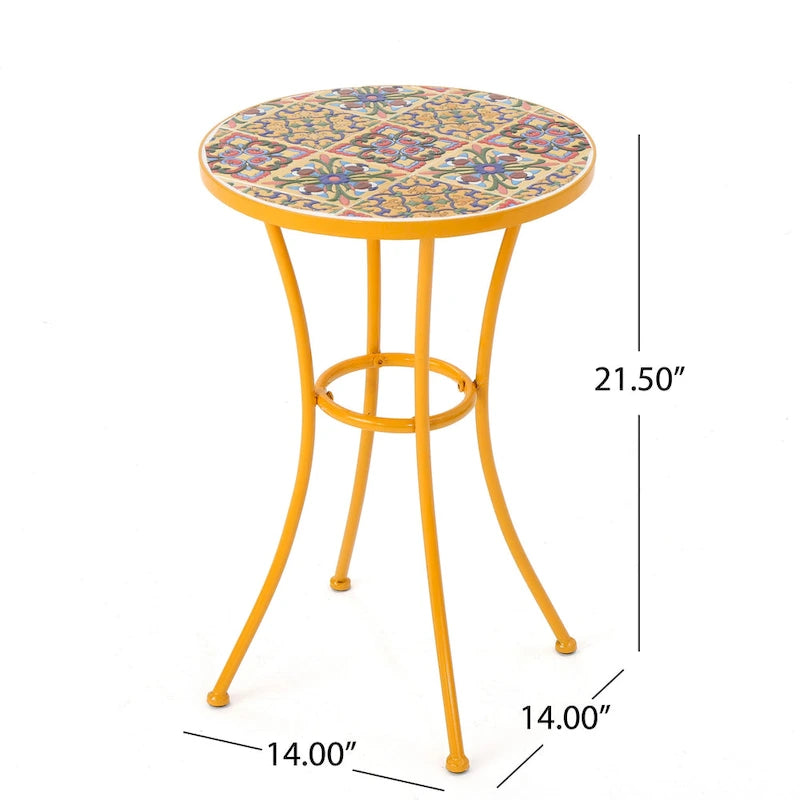 Outdoor Side End Table, 14 Inch Round Yellow Ceramic Tile, Orange Iron