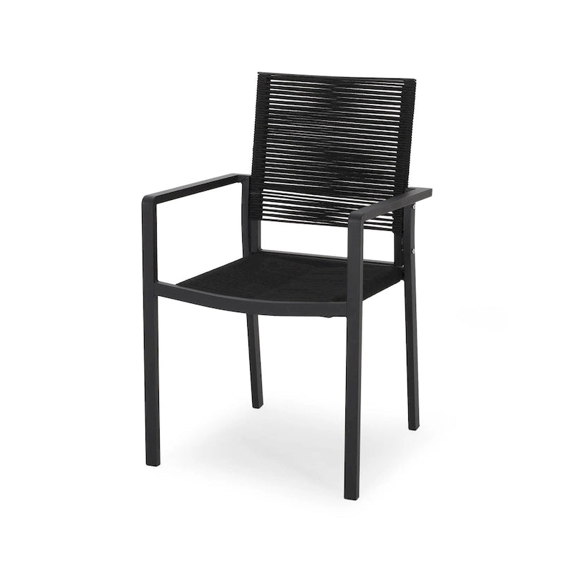 Sibu Outdoor Dining Chair Set of 2, Black Metal, Woven Rope Seat and Back