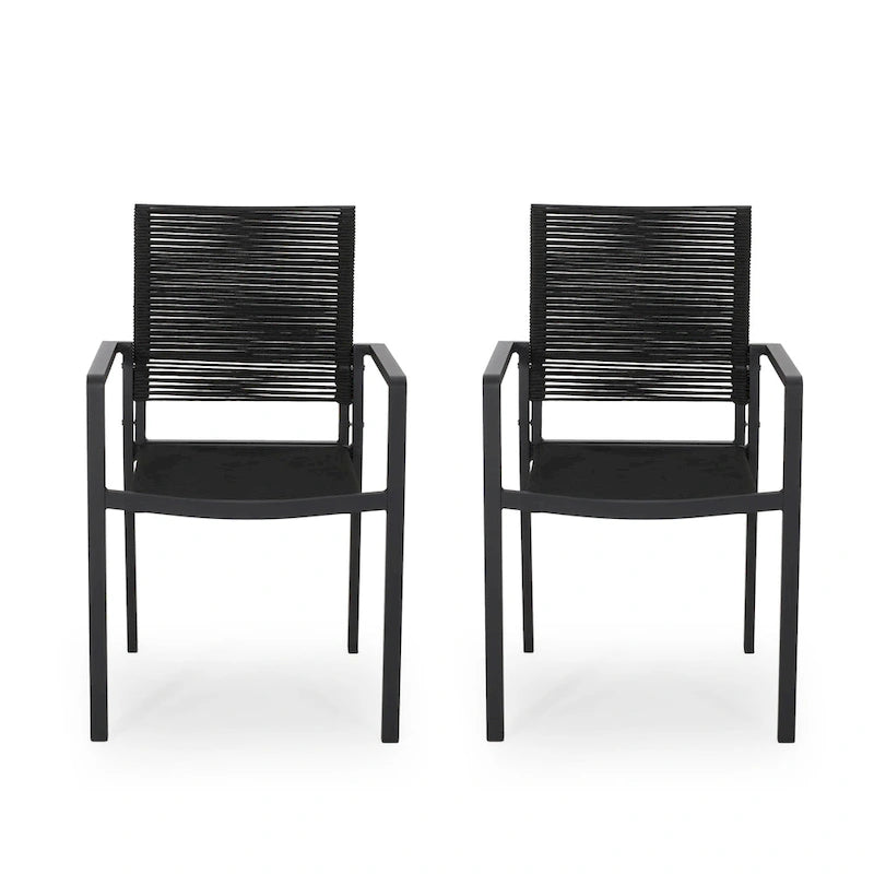 Sibu Outdoor Dining Chair Set of 2, Black Metal, Woven Rope Seat and Back