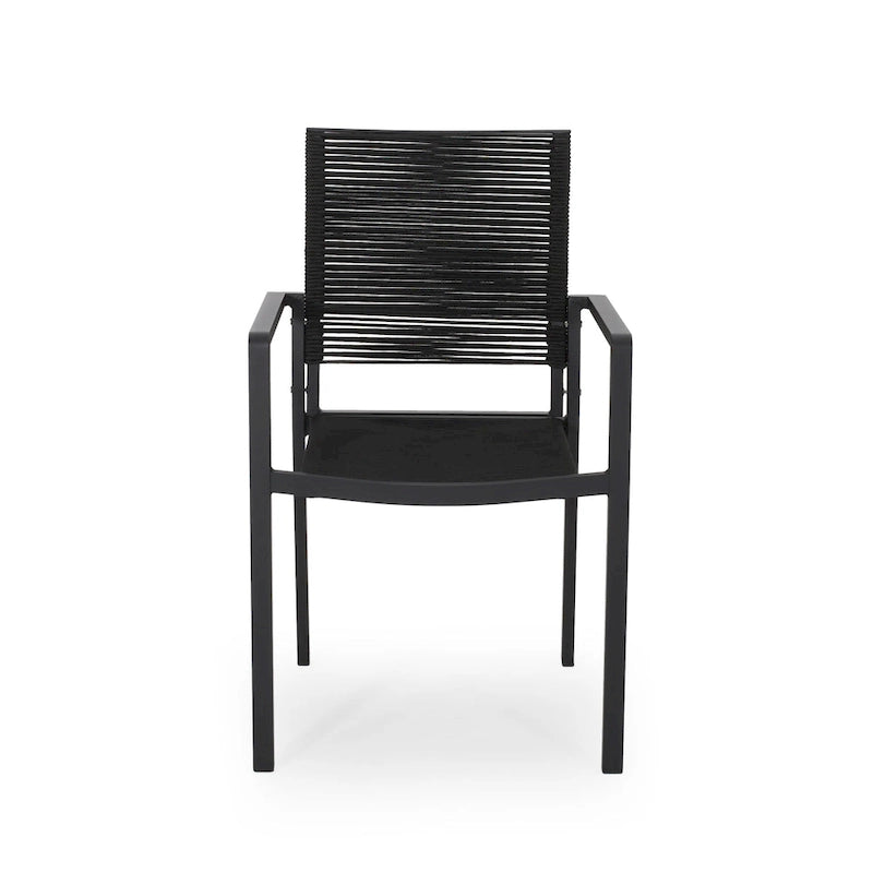 Sibu Outdoor Dining Chair Set of 2, Black Metal, Woven Rope Seat and Back