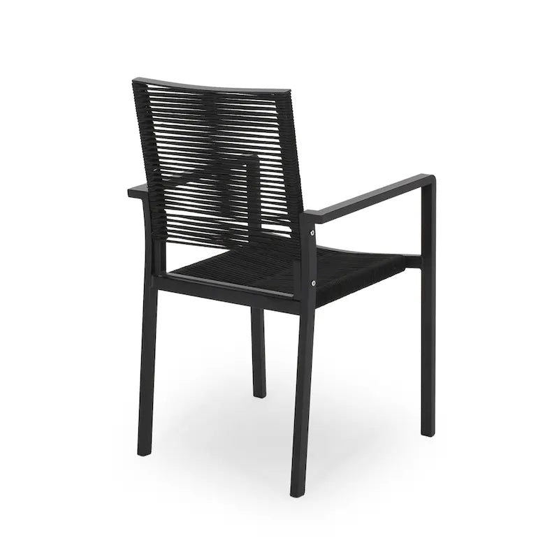 Sibu Outdoor Dining Chair Set of 2, Black Metal, Woven Rope Seat and Back
