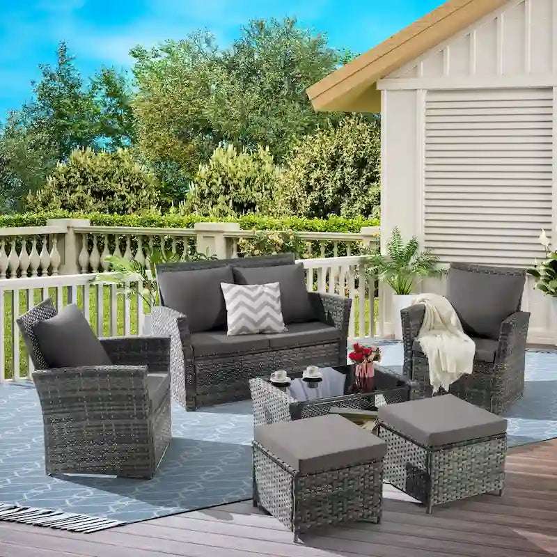 6 Pcs Patio Furniture Set, Outdoor Wicker Sectional Sofa Set, 2 Armchairs, 2 Ottomans and Tempered Glass Top Coffee Table
