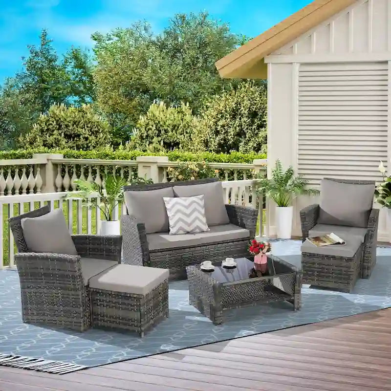6 Pcs Patio Furniture Set, Outdoor Wicker Sectional Sofa Set, 2 Armchairs, 2 Ottomans and Tempered Glass Top Coffee Table