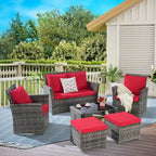 6 Pcs Patio Furniture Set, Outdoor Wicker Sectional Sofa Set, 2 Armchairs, 2 Ottomans and Tempered Glass Top Coffee Table