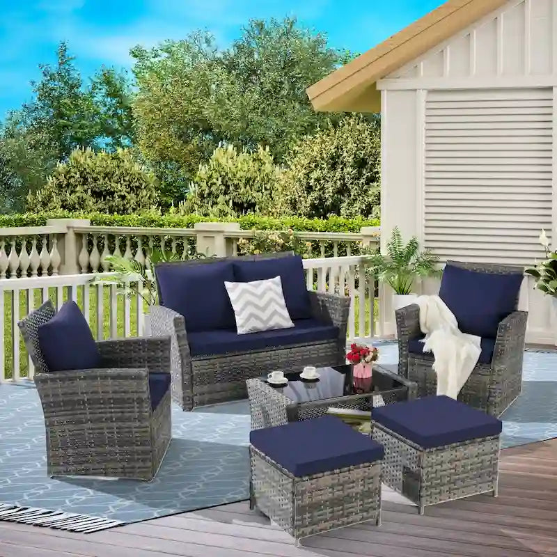 6 Pcs Patio Furniture Set, Outdoor Wicker Sectional Sofa Set, 2 Armchairs, 2 Ottomans and Tempered Glass Top Coffee Table