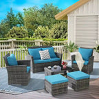 6 Pcs Patio Furniture Set, Outdoor Wicker Sectional Sofa Set, 2 Armchairs, 2 Ottomans and Tempered Glass Top Coffee Table