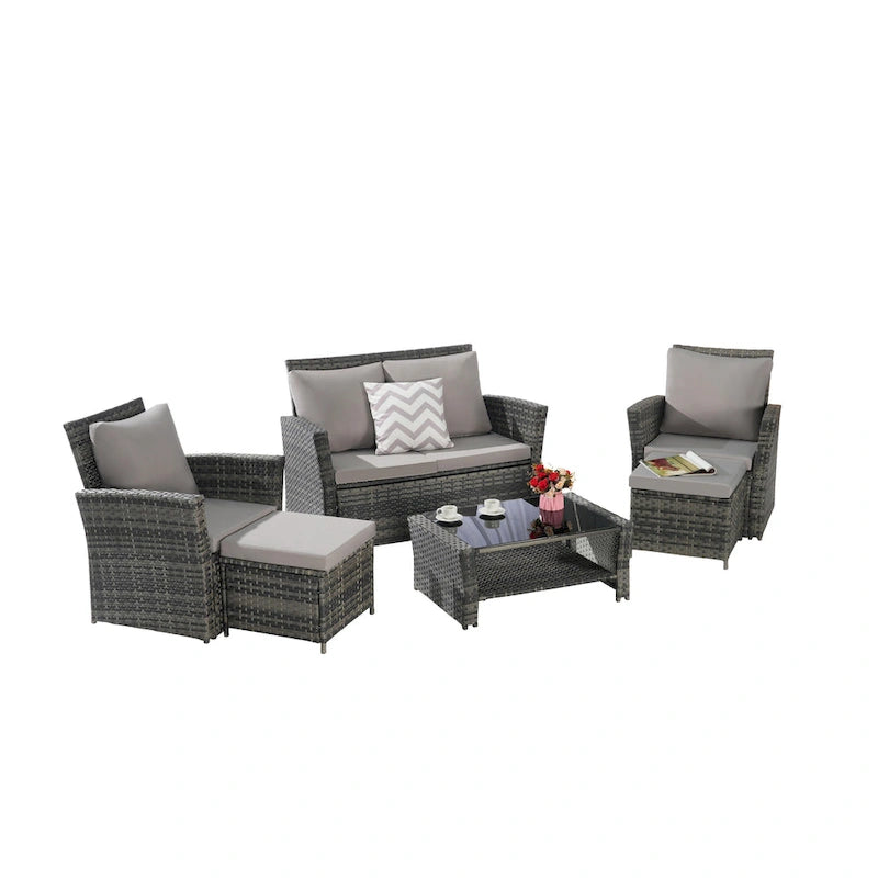 6 Pcs Patio Furniture Set, Outdoor Wicker Sectional Sofa Set, 2 Armchairs, 2 Ottomans and Tempered Glass Top Coffee Table
