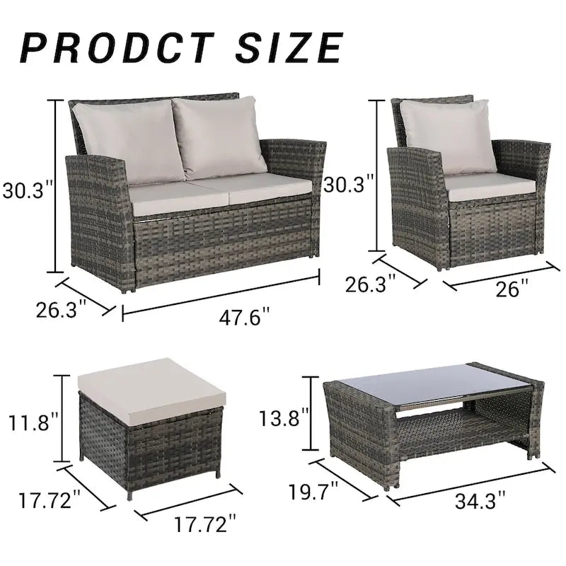 6 Pcs Patio Furniture Set, Outdoor Wicker Sectional Sofa Set, 2 Armchairs, 2 Ottomans and Tempered Glass Top Coffee Table