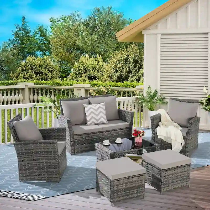 6 Pcs Patio Furniture Set, Outdoor Wicker Sectional Sofa Set, 2 Armchairs, 2 Ottomans and Tempered Glass Top Coffee Table