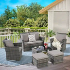 6 Pcs Patio Furniture Set, Outdoor Wicker Sectional Sofa Set, 2 Armchairs, 2 Ottomans and Tempered Glass Top Coffee Table