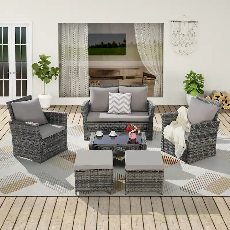 6 Pcs Patio Furniture Set, Outdoor Wicker Sectional Sofa Set, 2 Armchairs, 2 Ottomans and Tempered Glass Top Coffee Table