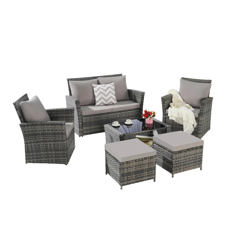 6 Pcs Patio Furniture Set, Outdoor Wicker Sectional Sofa Set, 2 Armchairs, 2 Ottomans and Tempered Glass Top Coffee Table