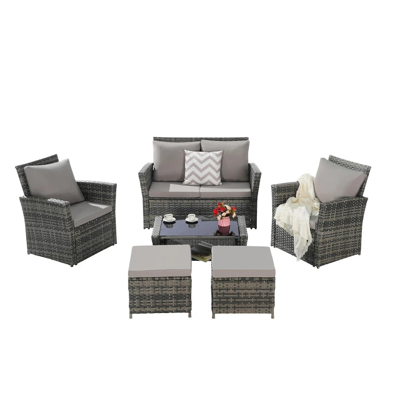 6 Pcs Patio Furniture Set, Outdoor Wicker Sectional Sofa Set, 2 Armchairs, 2 Ottomans and Tempered Glass Top Coffee Table
