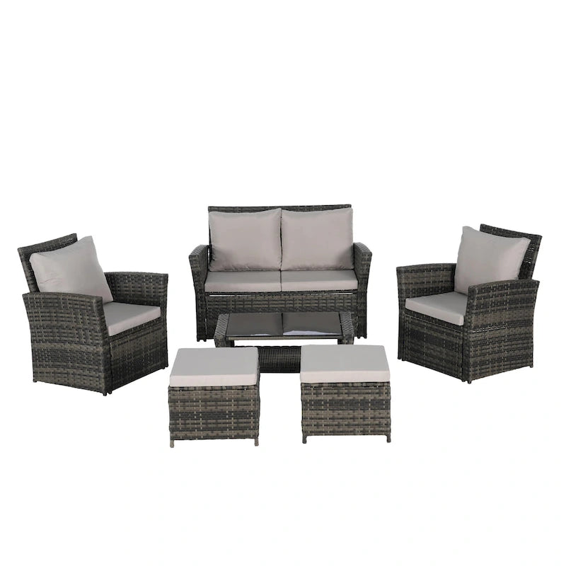 6 Pcs Patio Furniture Set, Outdoor Wicker Sectional Sofa Set, 2 Armchairs, 2 Ottomans and Tempered Glass Top Coffee Table