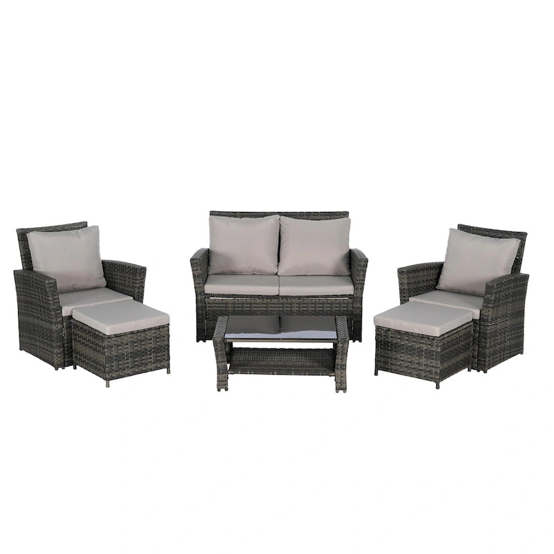 6 Pcs Patio Furniture Set, Outdoor Wicker Sectional Sofa Set, 2 Armchairs, 2 Ottomans and Tempered Glass Top Coffee Table