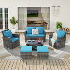 6 Pcs Patio Furniture Set, Outdoor Wicker Sectional Sofa Set, 2 Armchairs, 2 Ottomans and Tempered Glass Top Coffee Table