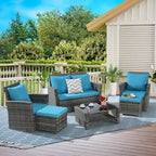 6 Pcs Patio Furniture Set, Outdoor Wicker Sectional Sofa Set, 2 Armchairs, 2 Ottomans and Tempered Glass Top Coffee Table