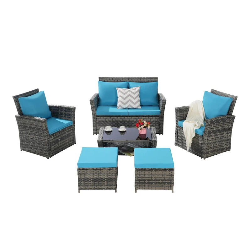 6 Pcs Patio Furniture Set, Outdoor Wicker Sectional Sofa Set, 2 Armchairs, 2 Ottomans and Tempered Glass Top Coffee Table