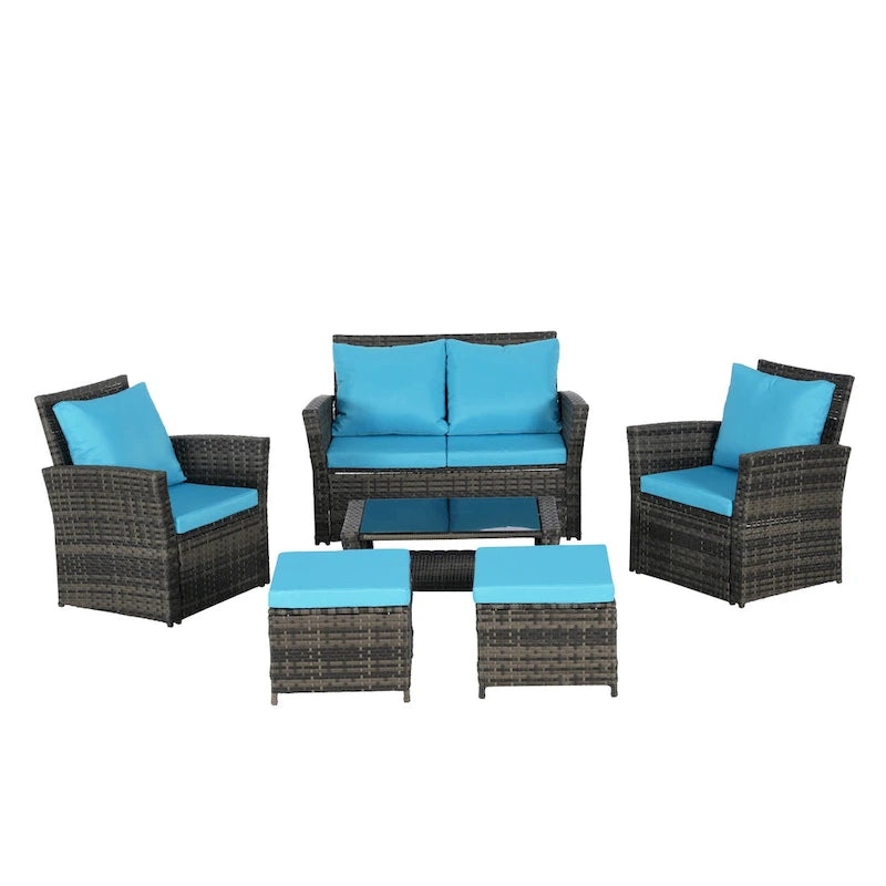 6 Pcs Patio Furniture Set, Outdoor Wicker Sectional Sofa Set, 2 Armchairs, 2 Ottomans and Tempered Glass Top Coffee Table
