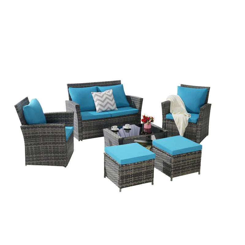 6 Pcs Patio Furniture Set, Outdoor Wicker Sectional Sofa Set, 2 Armchairs, 2 Ottomans and Tempered Glass Top Coffee Table