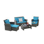 6 Pcs Patio Furniture Set, Outdoor Wicker Sectional Sofa Set, 2 Armchairs, 2 Ottomans and Tempered Glass Top Coffee Table