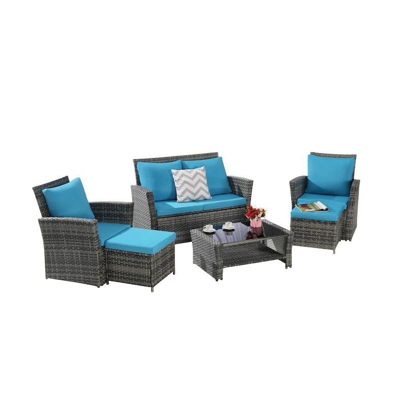 6 Pcs Patio Furniture Set, Outdoor Wicker Sectional Sofa Set, 2 Armchairs, 2 Ottomans and Tempered Glass Top Coffee Table