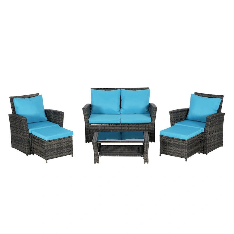 6 Pcs Patio Furniture Set, Outdoor Wicker Sectional Sofa Set, 2 Armchairs, 2 Ottomans and Tempered Glass Top Coffee Table