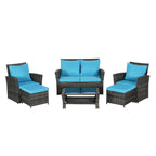 6 Pcs Patio Furniture Set, Outdoor Wicker Sectional Sofa Set, 2 Armchairs, 2 Ottomans and Tempered Glass Top Coffee Table