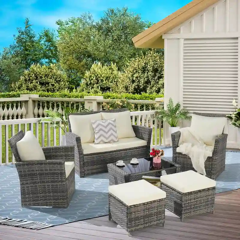6 Pcs Patio Furniture Set, Outdoor Wicker Sectional Sofa Set, 2 Armchairs, 2 Ottomans and Tempered Glass Top Coffee Table