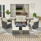 6 Pcs Patio Furniture Set, Outdoor Wicker Sectional Sofa Set, 2 Armchairs, 2 Ottomans and Tempered Glass Top Coffee Table