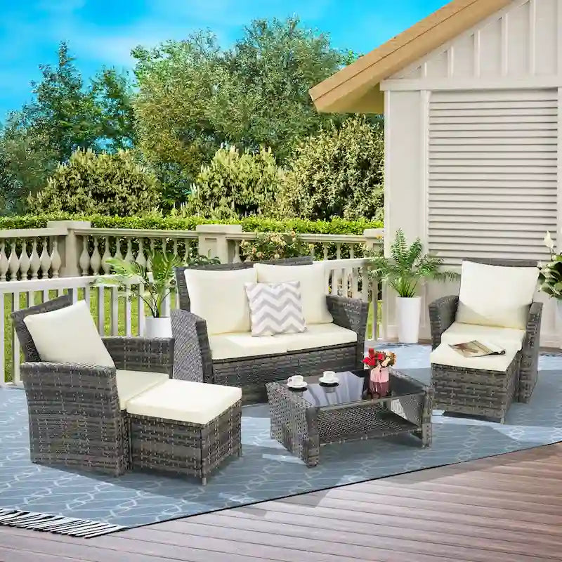 6 Pcs Patio Furniture Set, Outdoor Wicker Sectional Sofa Set, 2 Armchairs, 2 Ottomans and Tempered Glass Top Coffee Table