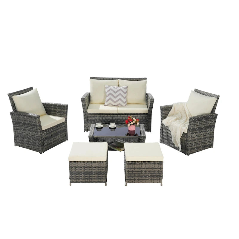 6 Pcs Patio Furniture Set, Outdoor Wicker Sectional Sofa Set, 2 Armchairs, 2 Ottomans and Tempered Glass Top Coffee Table