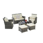 6 Pcs Patio Furniture Set, Outdoor Wicker Sectional Sofa Set, 2 Armchairs, 2 Ottomans and Tempered Glass Top Coffee Table