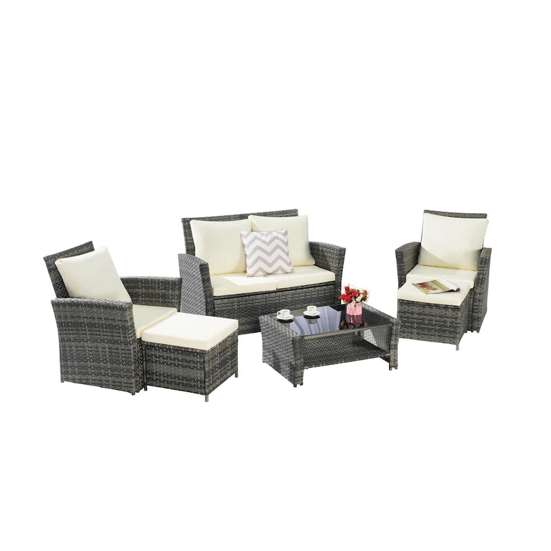 6 Pcs Patio Furniture Set, Outdoor Wicker Sectional Sofa Set, 2 Armchairs, 2 Ottomans and Tempered Glass Top Coffee Table