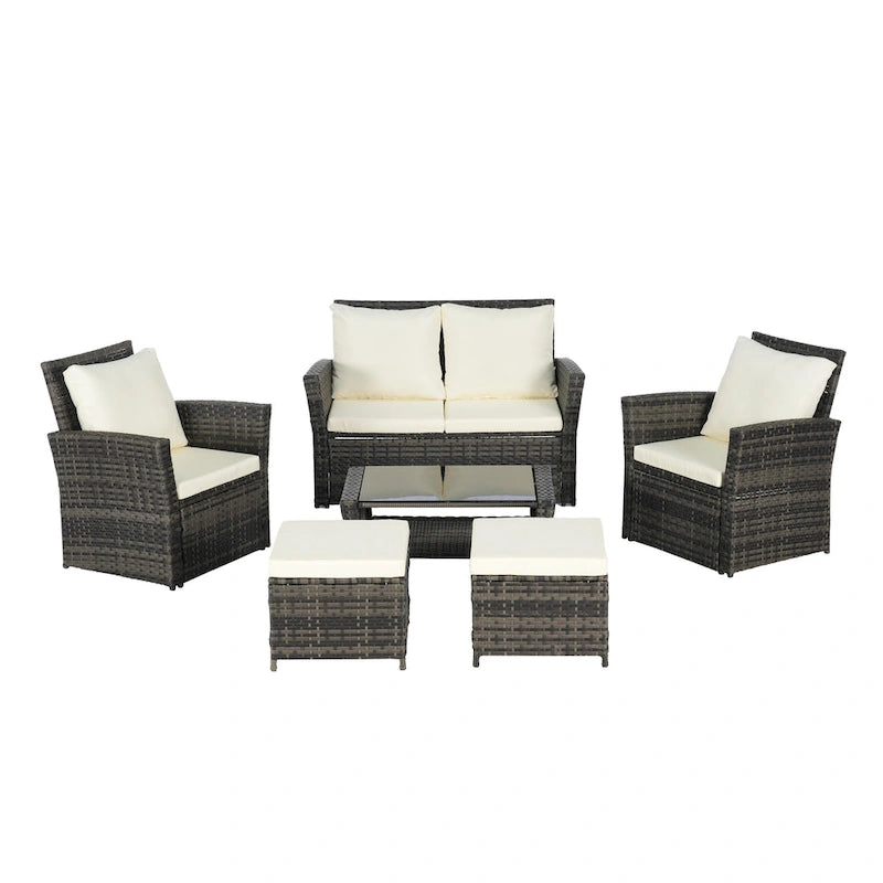 6 Pcs Patio Furniture Set, Outdoor Wicker Sectional Sofa Set, 2 Armchairs, 2 Ottomans and Tempered Glass Top Coffee Table