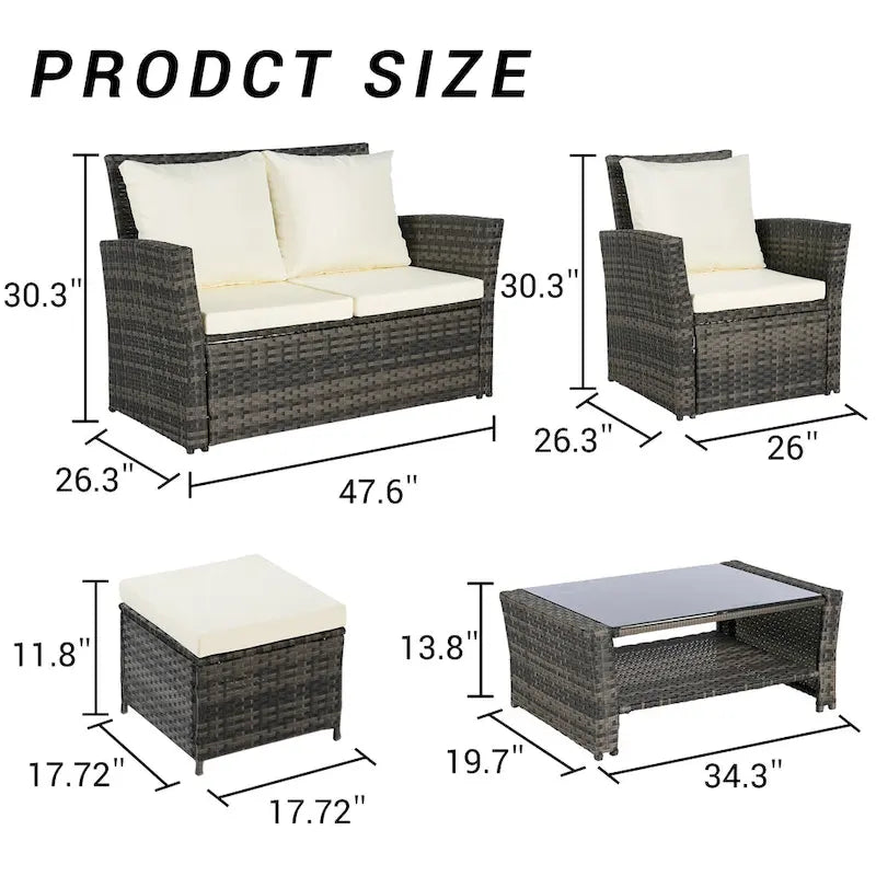 6 Pcs Patio Furniture Set, Outdoor Wicker Sectional Sofa Set, 2 Armchairs, 2 Ottomans and Tempered Glass Top Coffee Table