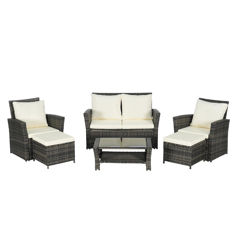 6 Pcs Patio Furniture Set, Outdoor Wicker Sectional Sofa Set, 2 Armchairs, 2 Ottomans and Tempered Glass Top Coffee Table