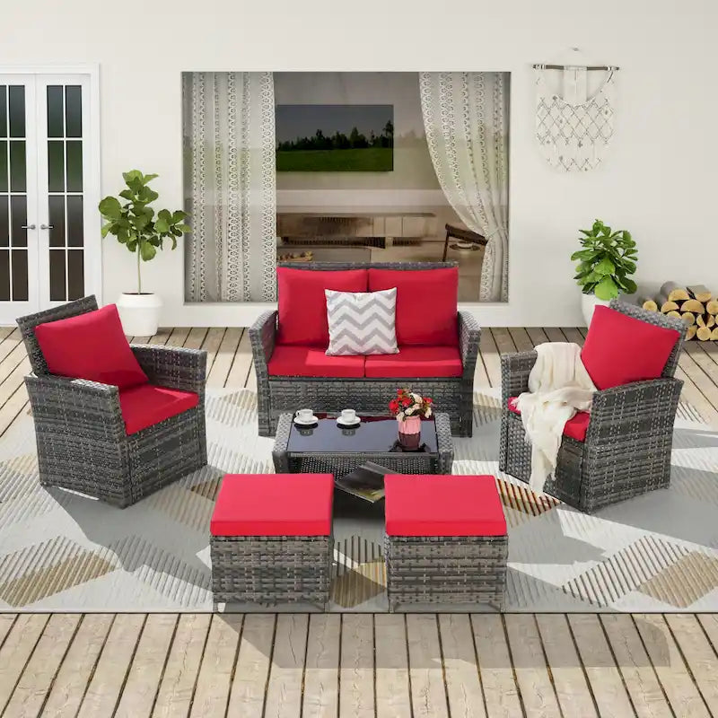 6 Pcs Patio Furniture Set, Outdoor Wicker Sectional Sofa Set, 2 Armchairs, 2 Ottomans and Tempered Glass Top Coffee Table
