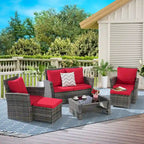 6 Pcs Patio Furniture Set, Outdoor Wicker Sectional Sofa Set, 2 Armchairs, 2 Ottomans and Tempered Glass Top Coffee Table
