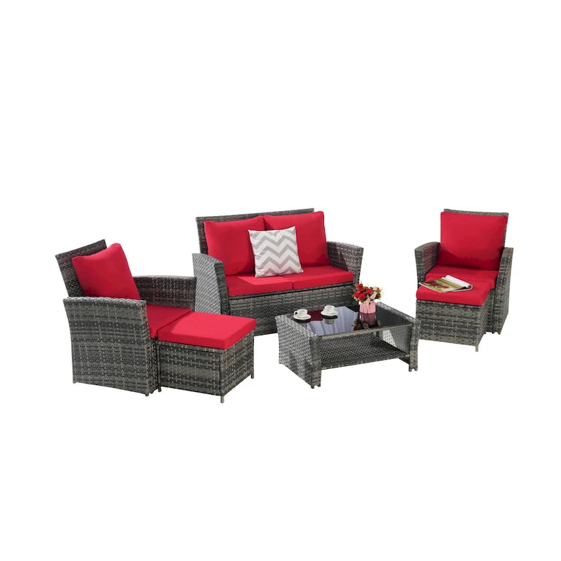 6 Pcs Patio Furniture Set, Outdoor Wicker Sectional Sofa Set, 2 Armchairs, 2 Ottomans and Tempered Glass Top Coffee Table