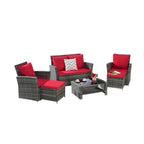 6 Pcs Patio Furniture Set, Outdoor Wicker Sectional Sofa Set, 2 Armchairs, 2 Ottomans and Tempered Glass Top Coffee Table